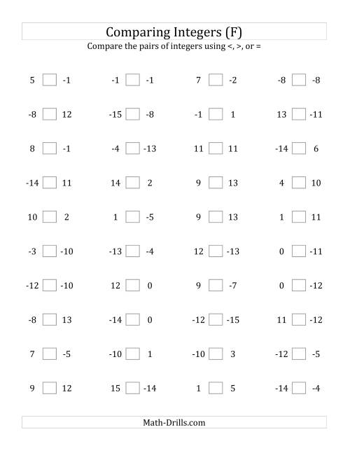 The Comparing Integers from -15 to 15 (F) Math Worksheet