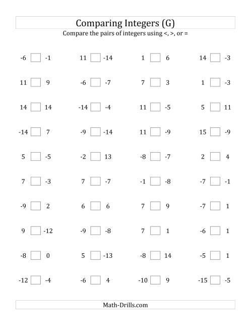 The Comparing Integers from -15 to 15 (G) Math Worksheet
