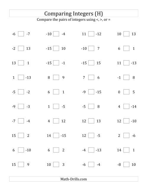 The Comparing Integers from -15 to 15 (H) Math Worksheet