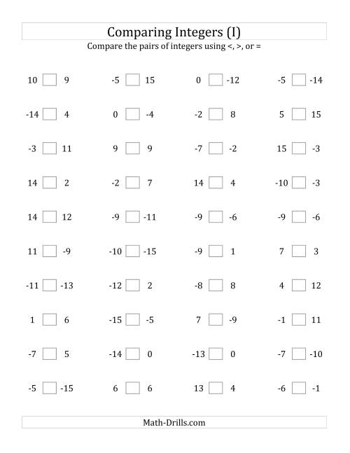 The Comparing Integers from -15 to 15 (I) Math Worksheet