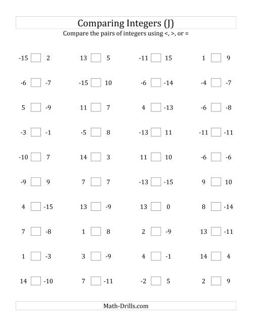 The Comparing Integers from -15 to 15 (J) Math Worksheet