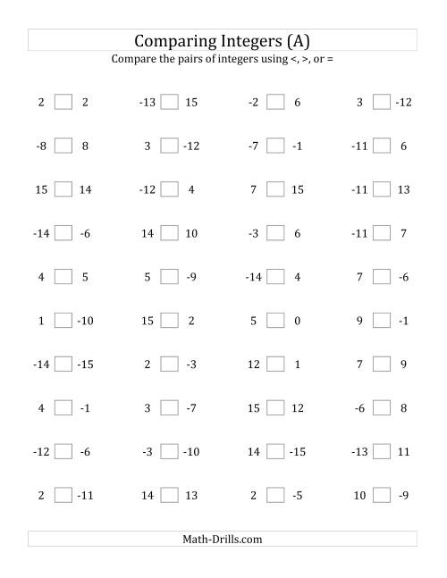 The Comparing Integers from -15 to 15 (All) Math Worksheet