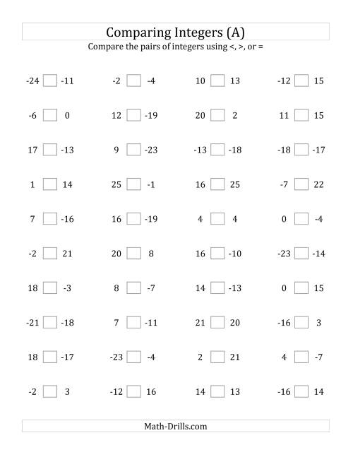 The Comparing Integers from -25 to 25 (A) Math Worksheet
