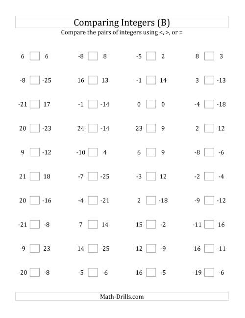 The Comparing Integers from -25 to 25 (B) Math Worksheet