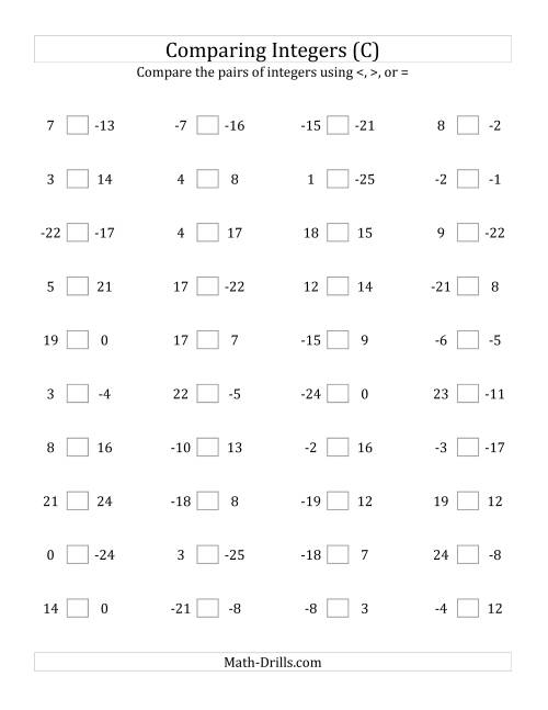 The Comparing Integers from -25 to 25 (C) Math Worksheet