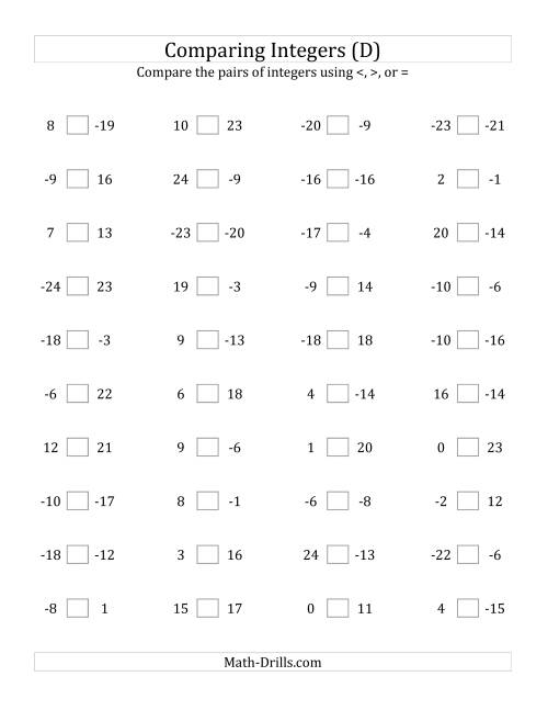 The Comparing Integers from -25 to 25 (D) Math Worksheet