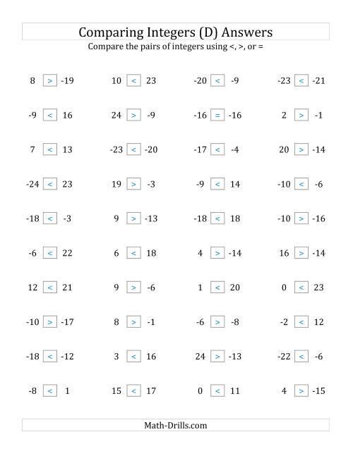 The Comparing Integers from -25 to 25 (D) Math Worksheet Page 2