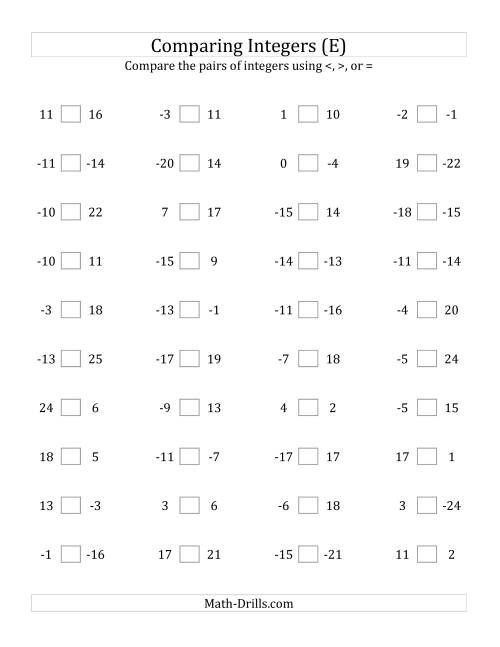 The Comparing Integers from -25 to 25 (E) Math Worksheet