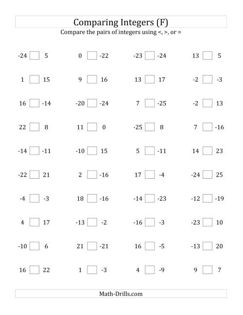 The Comparing Integers from -25 to 25 (F) Math Worksheet