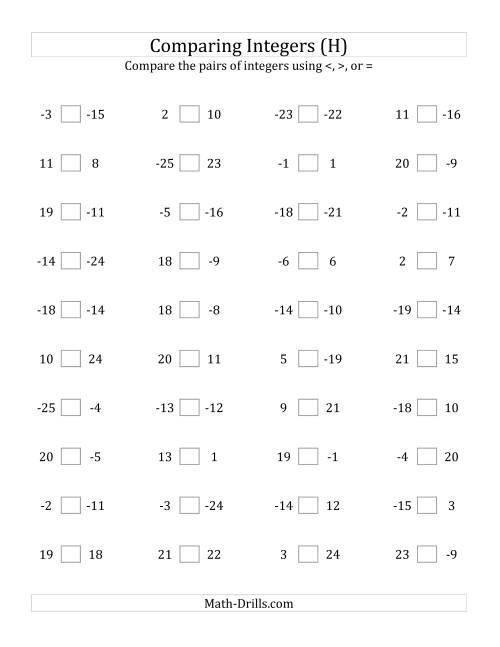 The Comparing Integers from -25 to 25 (H) Math Worksheet