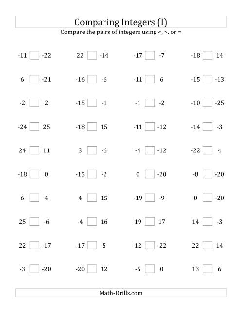 The Comparing Integers from -25 to 25 (I) Math Worksheet