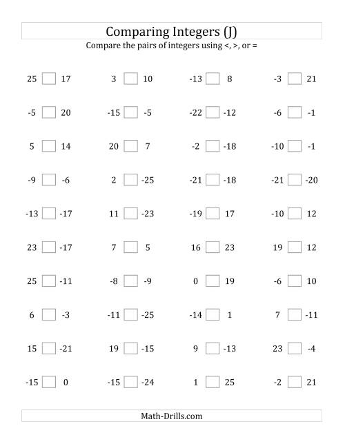The Comparing Integers from -25 to 25 (J) Math Worksheet