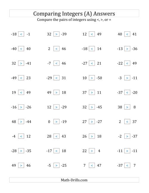 The Comparing Integers from -50 to 50 (A) Math Worksheet Page 2