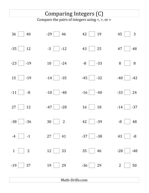 The Comparing Integers from -50 to 50 (C) Math Worksheet