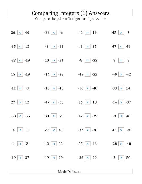 The Comparing Integers from -50 to 50 (C) Math Worksheet Page 2