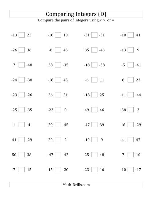 The Comparing Integers from -50 to 50 (D) Math Worksheet