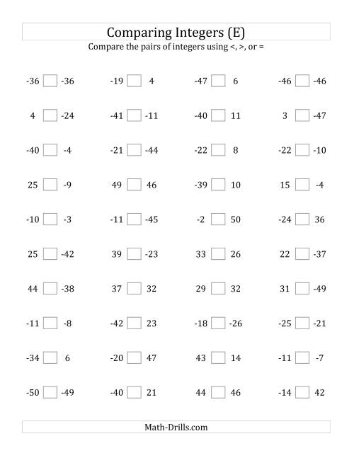 The Comparing Integers from -50 to 50 (E) Math Worksheet