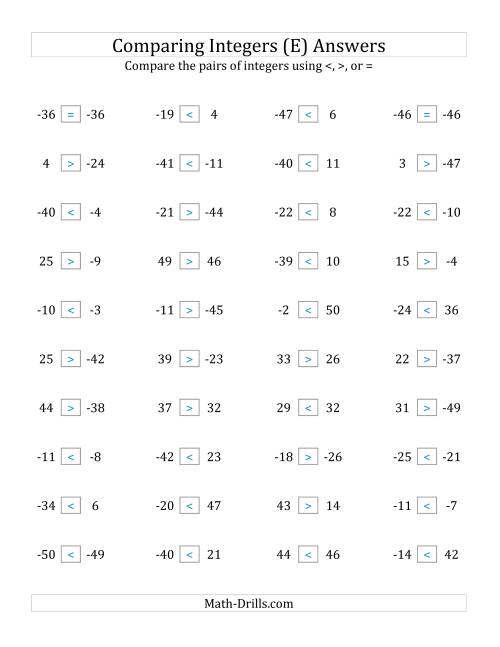 The Comparing Integers from -50 to 50 (E) Math Worksheet Page 2
