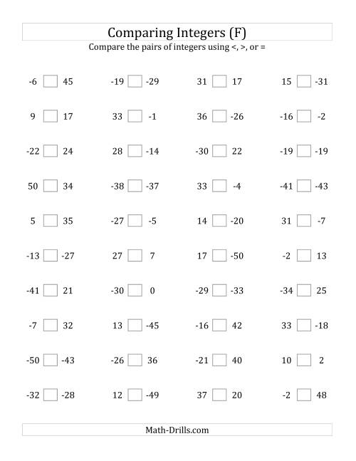 The Comparing Integers from -50 to 50 (F) Math Worksheet