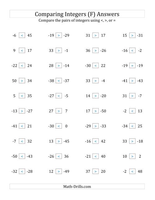 The Comparing Integers from -50 to 50 (F) Math Worksheet Page 2