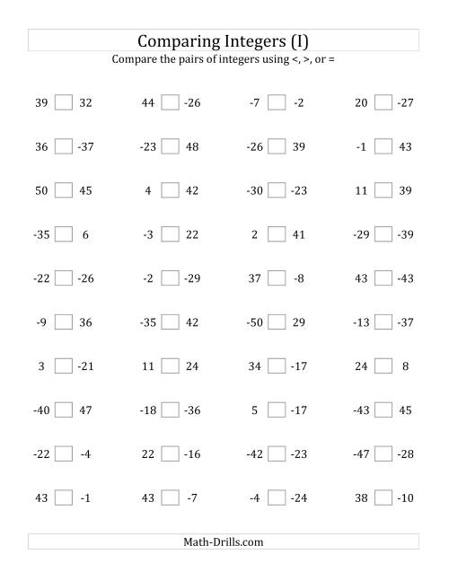 The Comparing Integers from -50 to 50 (I) Math Worksheet