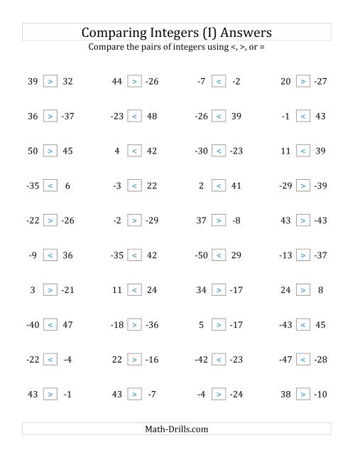 The Comparing Integers from -50 to 50 (I) Math Worksheet Page 2