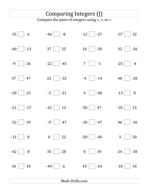 The Comparing Integers from -50 to 50 (J) Math Worksheet