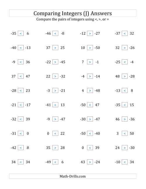 The Comparing Integers from -50 to 50 (J) Math Worksheet Page 2