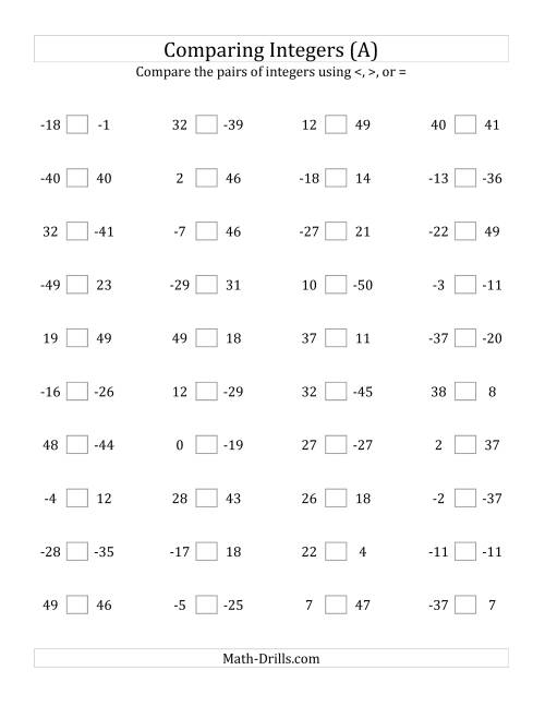 The Comparing Integers from -50 to 50 (All) Math Worksheet