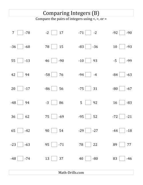 The Comparing Integers from -99 to 99 (B) Math Worksheet