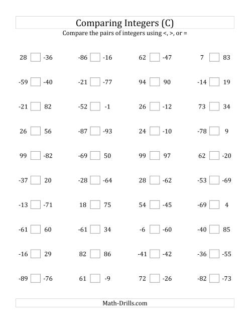 The Comparing Integers from -99 to 99 (C) Math Worksheet