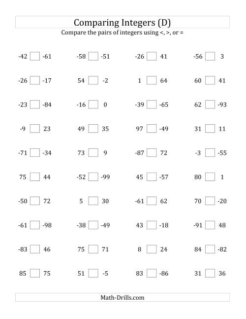 The Comparing Integers from -99 to 99 (D) Math Worksheet
