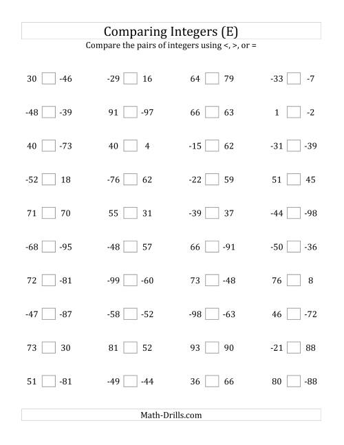 The Comparing Integers from -99 to 99 (E) Math Worksheet
