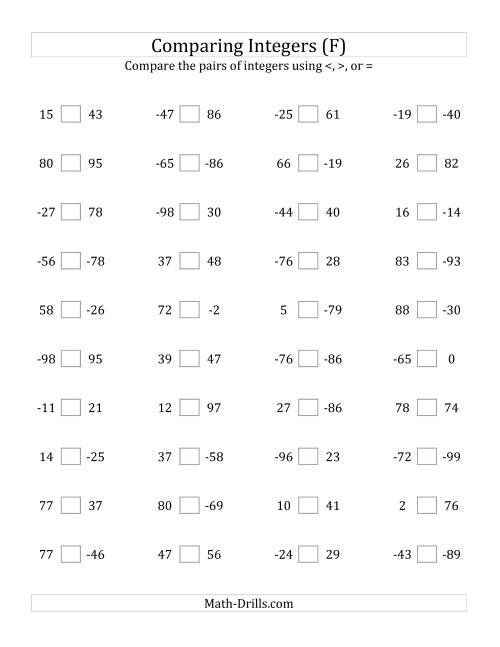 The Comparing Integers from -99 to 99 (F) Math Worksheet