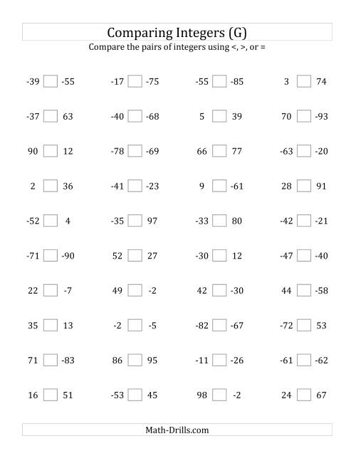 The Comparing Integers from -99 to 99 (G) Math Worksheet