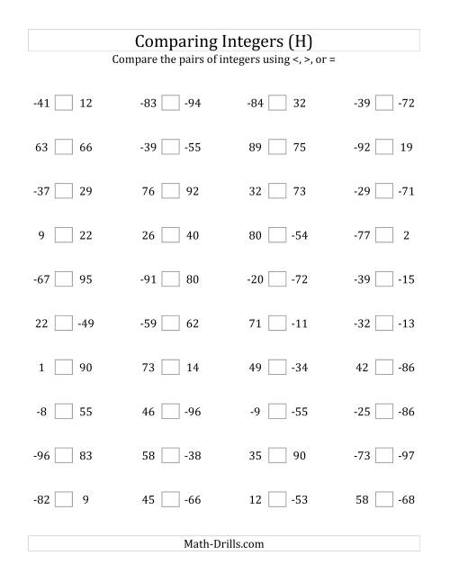 The Comparing Integers from -99 to 99 (H) Math Worksheet