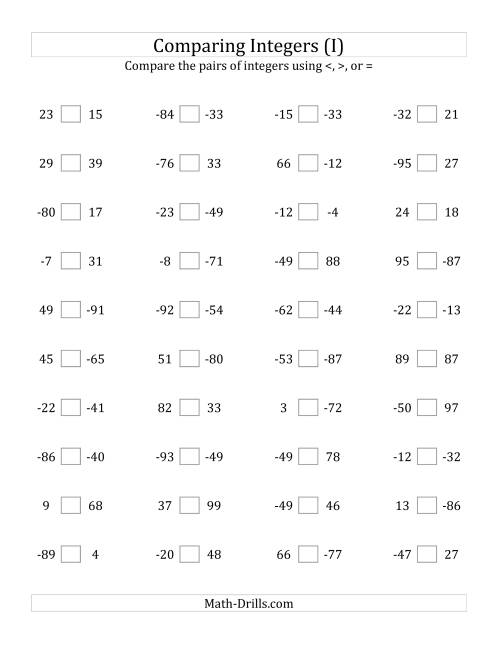 The Comparing Integers from -99 to 99 (I) Math Worksheet