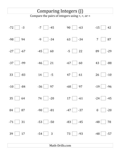 The Comparing Integers from -99 to 99 (J) Math Worksheet