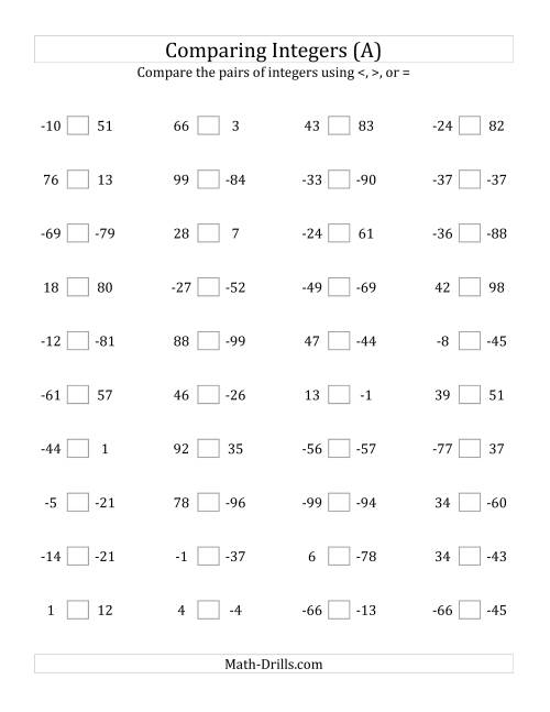 The Comparing Integers from -99 to 99 (All) Math Worksheet