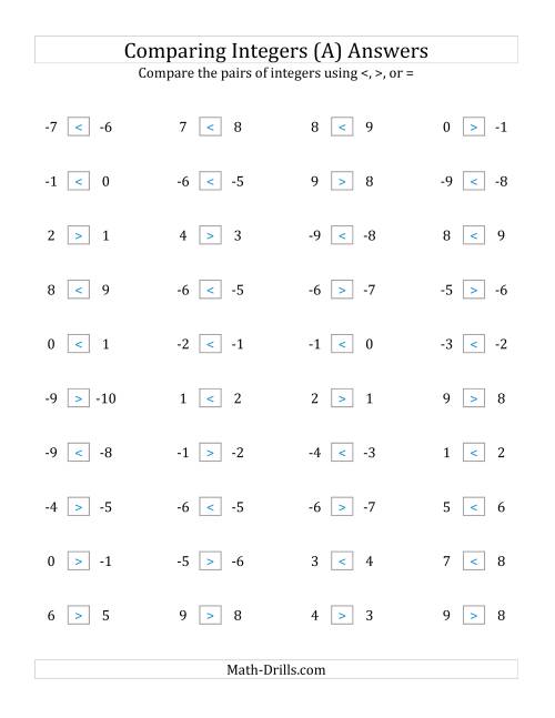 The Comparing Integers in Close Proximity from -9 to 9 (A) Math Worksheet Page 2