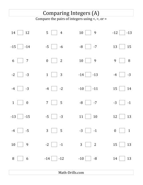 The Comparing Integers in Close Proximity from -15 to 15 (A) Math Worksheet