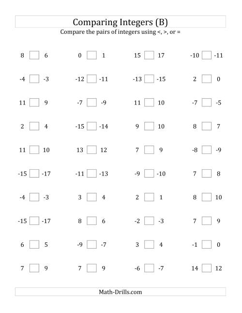 The Comparing Integers in Close Proximity from -15 to 15 (B) Math Worksheet