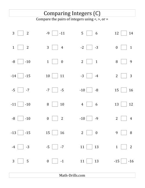 The Comparing Integers in Close Proximity from -15 to 15 (C) Math Worksheet