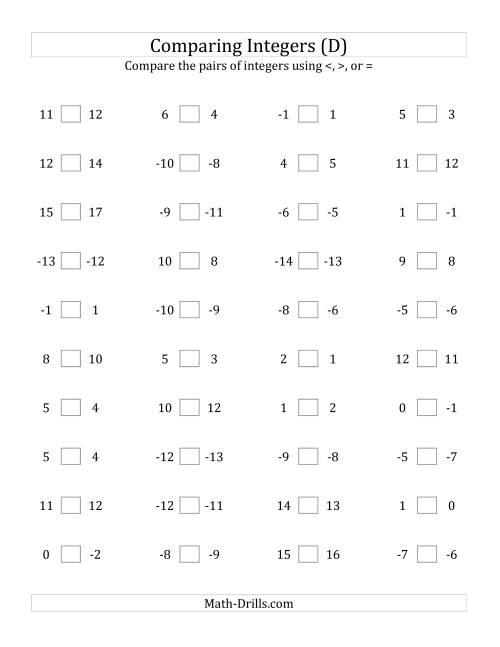 The Comparing Integers in Close Proximity from -15 to 15 (D) Math Worksheet