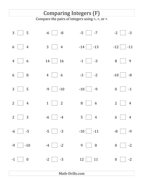 The Comparing Integers in Close Proximity from -15 to 15 (F) Math Worksheet