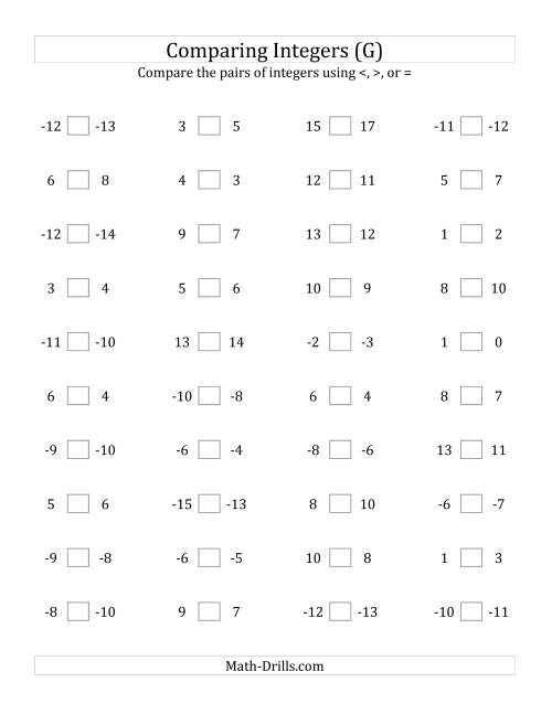The Comparing Integers in Close Proximity from -15 to 15 (G) Math Worksheet