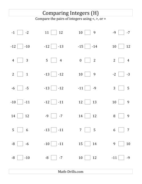 The Comparing Integers in Close Proximity from -15 to 15 (H) Math Worksheet