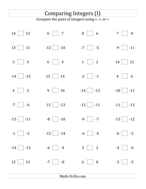 The Comparing Integers in Close Proximity from -15 to 15 (I) Math Worksheet