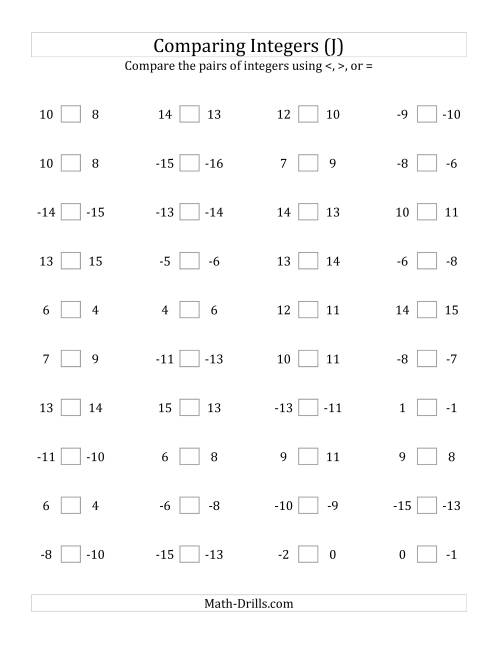 The Comparing Integers in Close Proximity from -15 to 15 (J) Math Worksheet