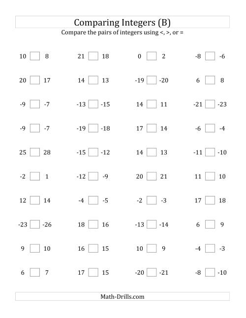 The Comparing Integers in Close Proximity from -25 to 25 (B) Math Worksheet